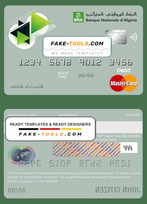 Algeria Banque nationale d’Algérie (BNA) bank mastercard debit card template in PSD format, fully editable
