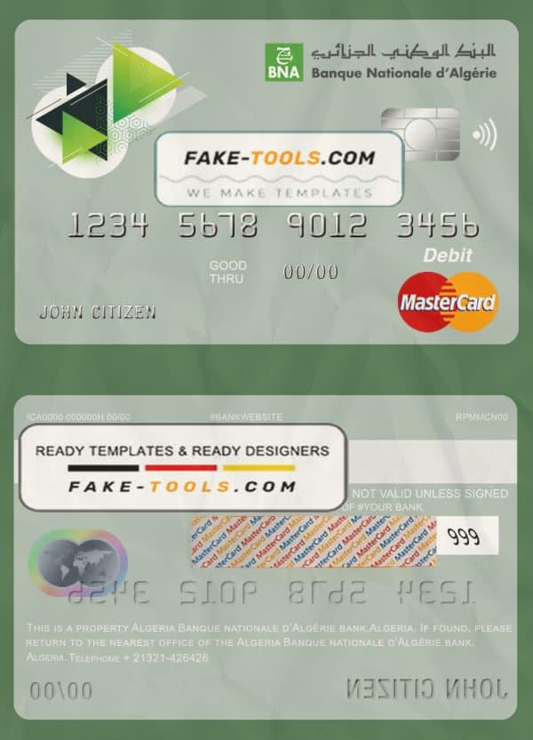 Algeria Banque nationale d’Algérie (BNA) bank mastercard debit card template in PSD format, fully editable