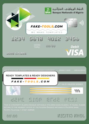 Algeria Banque nationale d’Algérie (BNA) bank visa card debit card template in PSD format, fully editable