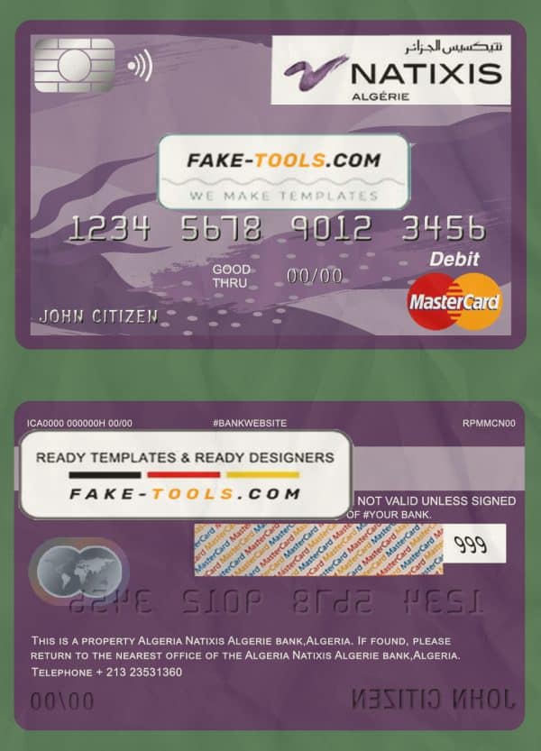 Algeria Natixis Algerie bank mastercard debit card template in PSD format, fully editable