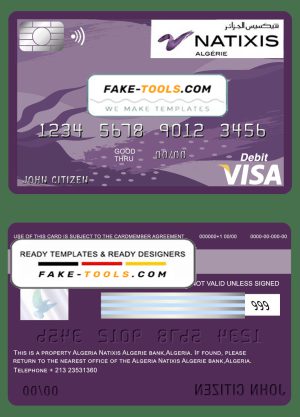 Algeria Natixis Algerie bank visa card debit card template in PSD format, fully editable