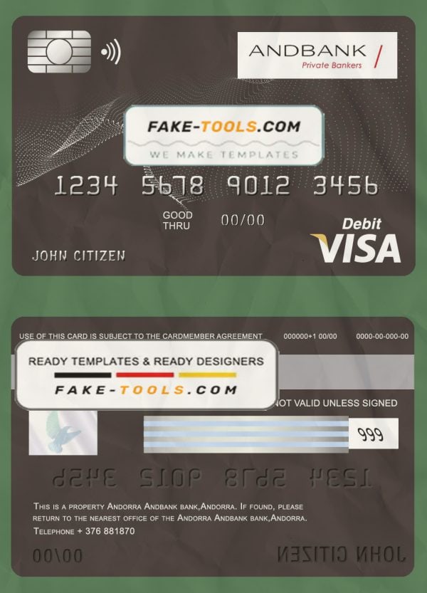 Andorra Andbank visa card debit card template in PSD format, fully editable