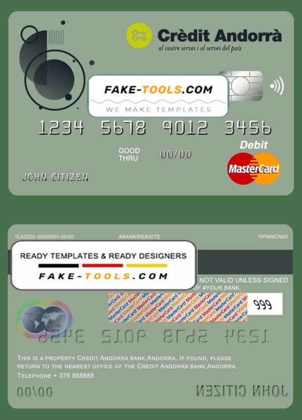 Andorra Credit Andorra bank mastercard debit card template in PSD format, fully editable