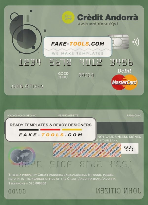 Andorra Credit Andorra bank mastercard debit card template in PSD format, fully editable