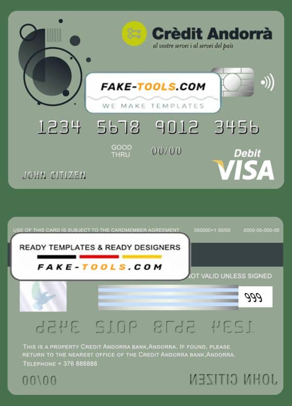 Andorra Credit Andorra bank visa card debit card template in PSD format, fully editable