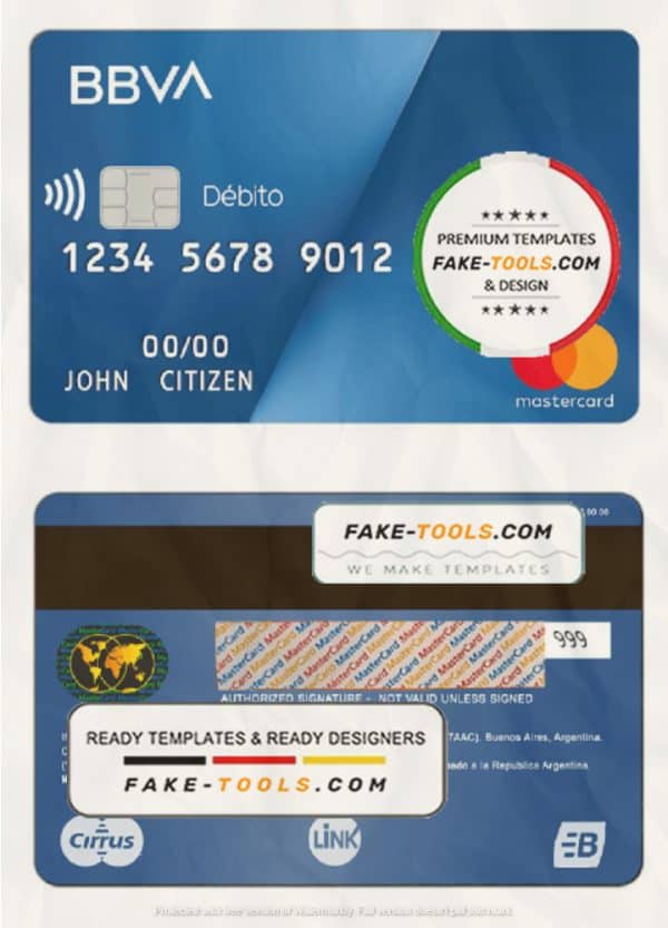 Argentina BBVA bank MasterCard debit card template in PSD format, fully editable, with all fonts