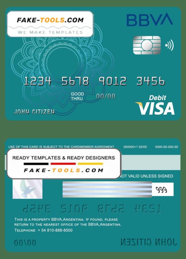 Argentina BBVA bank visa debit card template in PSD format, fully editable