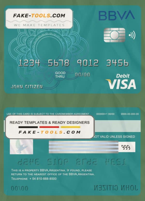 Argentina BBVA bank visa debit card template in PSD format, fully editable