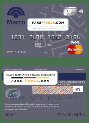 Argentina Banco Macro S.A. bank mastercard debit card template in PSD format, fully editable