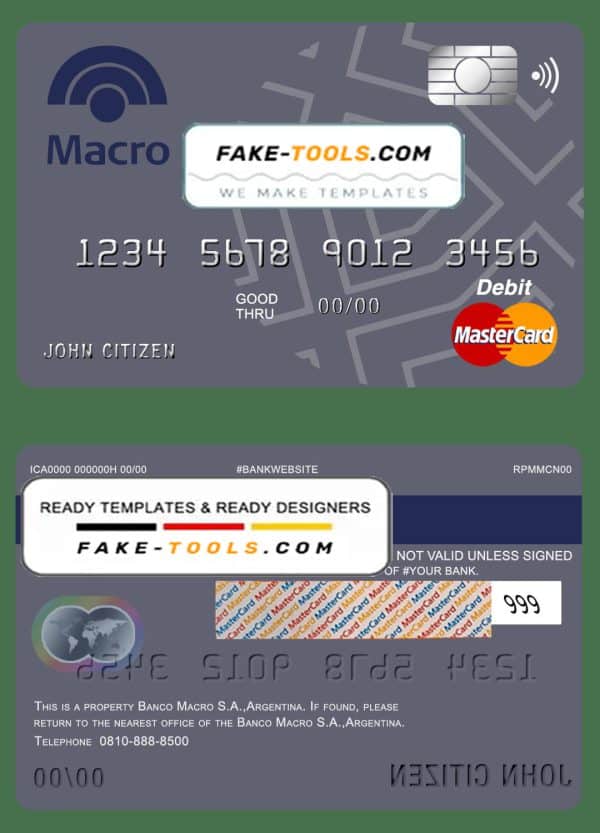 Argentina Banco Macro S.A. bank mastercard debit card template in PSD format, fully editable