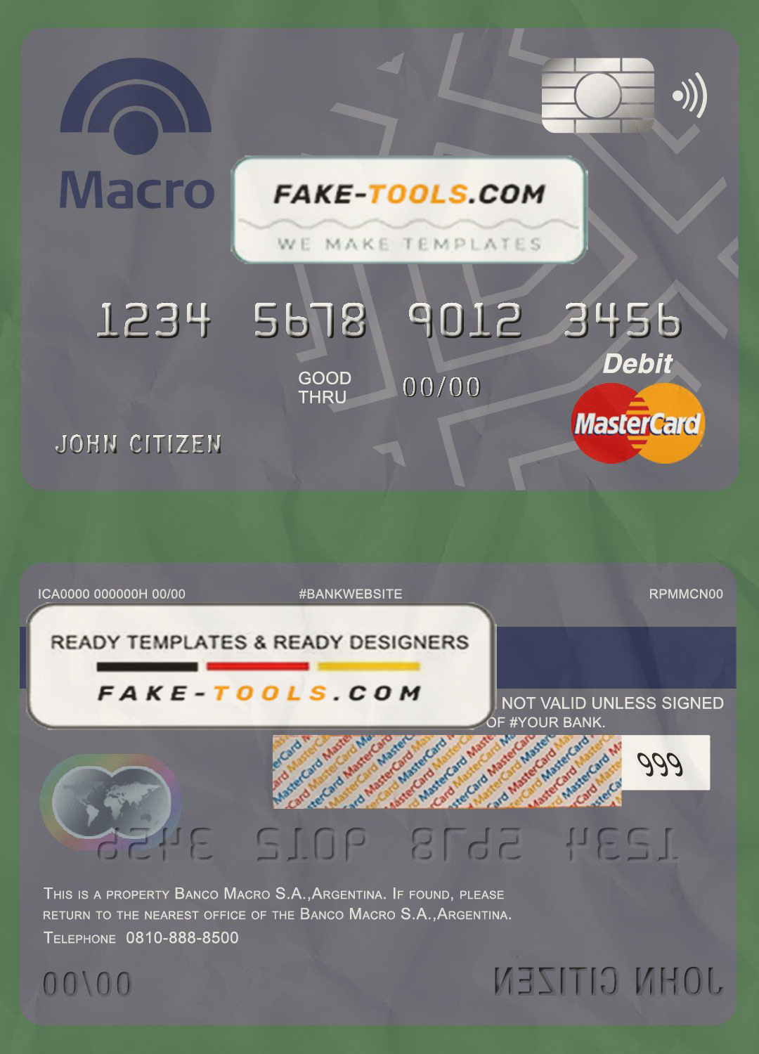 Argentina Banco Macro S.A. bank mastercard debit card template in PSD format, fully editable scan effect