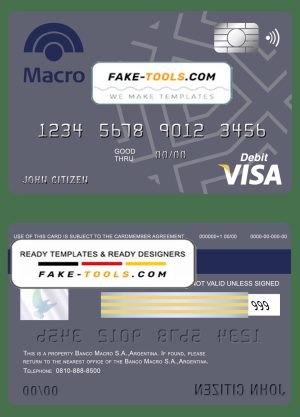 Argentina Banco Macro S.A. bank visa card debit card template in PSD format, fully editable