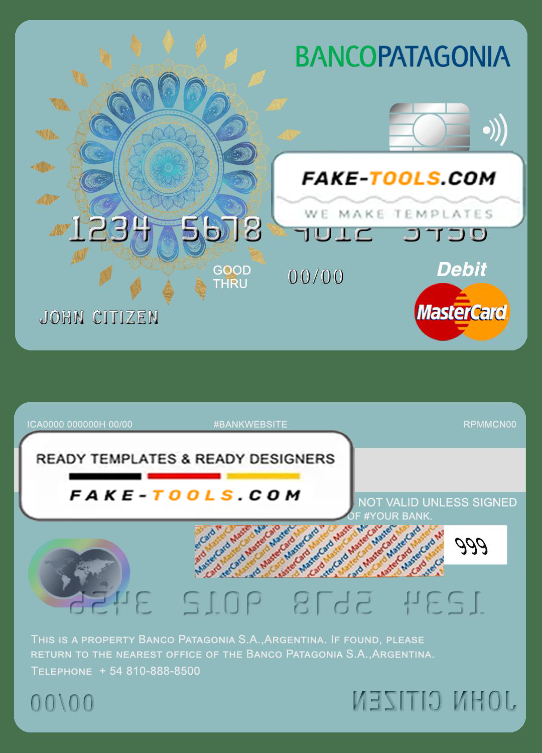 Argentina Banco Patagonia bank mastercard debit card template in PSD format, fully editable