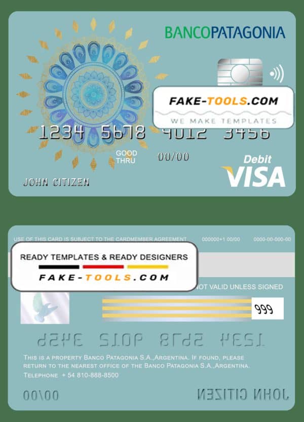 Argentina Banco Patagonia bank visa card debit card template in PSD format, fully editable