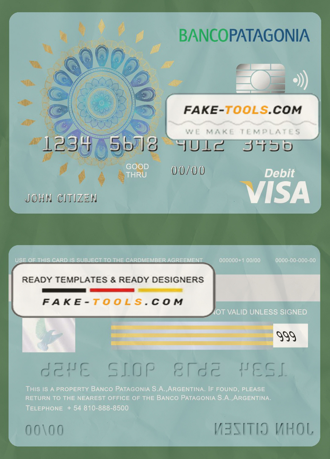 Argentina Banco Patagonia bank visa card debit card template in PSD format, fully editable scan effect