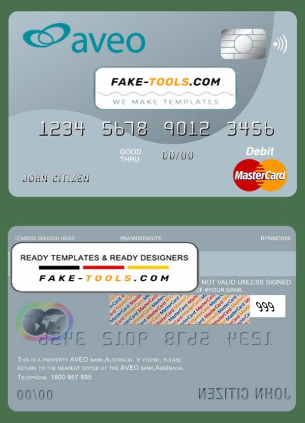 Australia Aveo bank mastercard debit card template in PSD format, fully editable