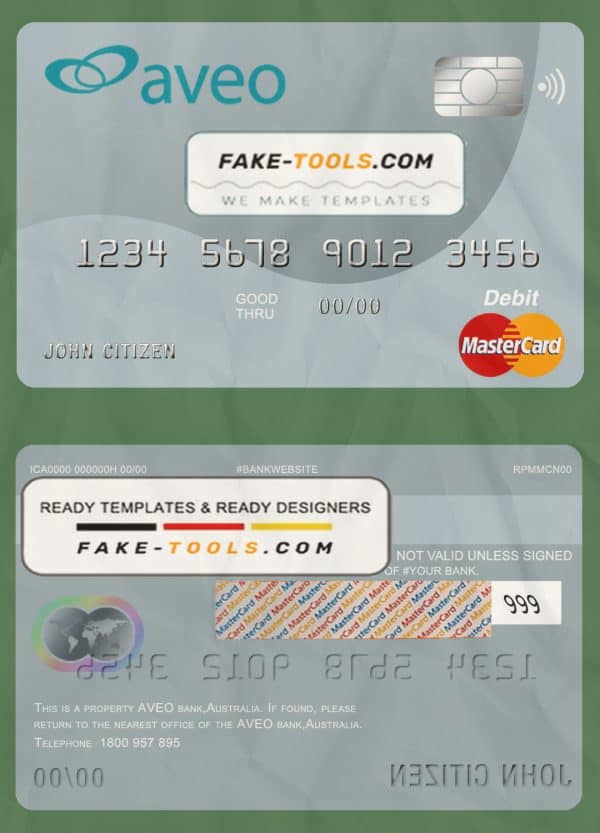Australia Aveo bank mastercard debit card template in PSD format, fully editable