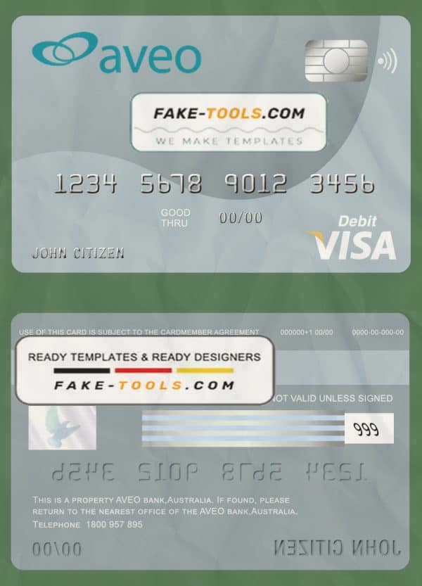 Australia Aveo bank visa card debit card template in PSD format, fully editable