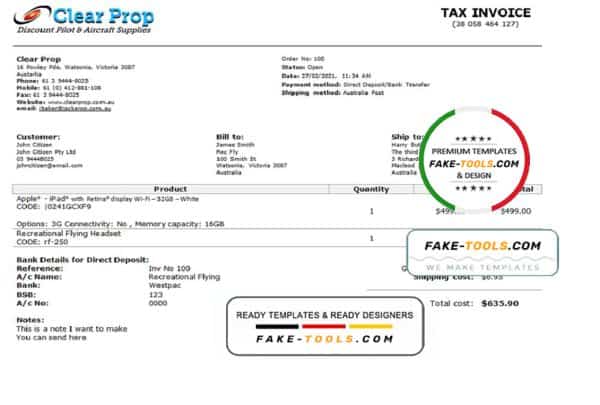 Australia Clear Prop Discount Pilot & Aircraft Supplies company invoice template in Word and PDF format, fully editable