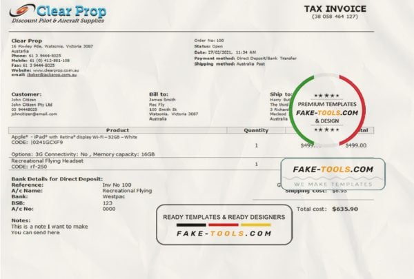 Australia Clear Prop Discount Pilot & Aircraft Supplies company invoice template in Word and PDF format, fully editable