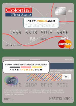 Australia Colonial First State Bank mastercard debit card template in PSD format, fully editable