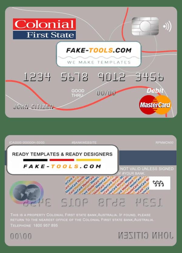 Australia Colonial First State Bank mastercard debit card template in PSD format, fully editable
