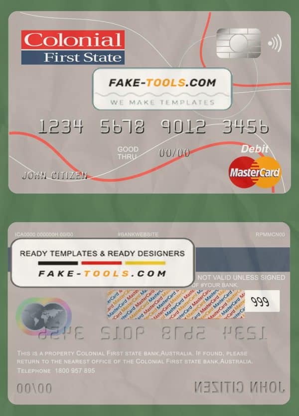 Australia Colonial First State Bank mastercard debit card template in PSD format, fully editable