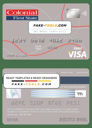 Australia Colonial First State Bank visa card debit template in PSD format, fully editable