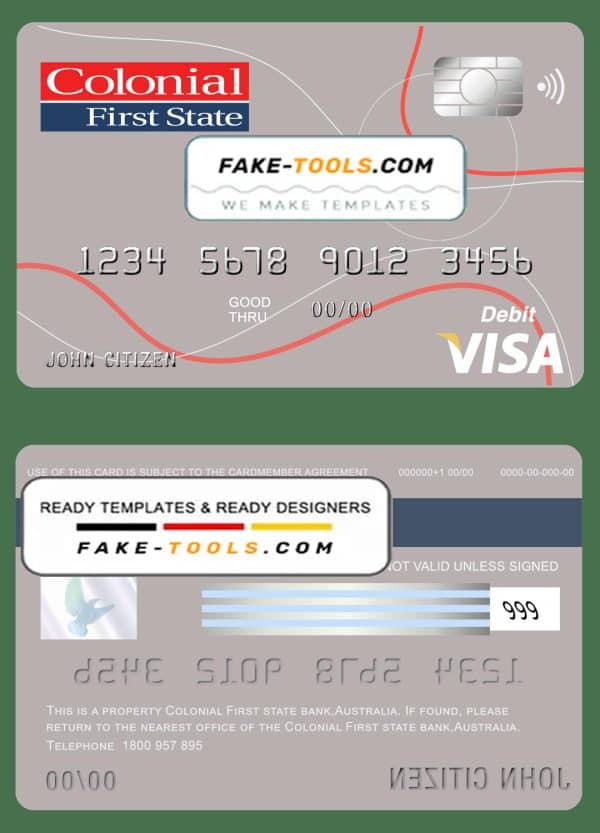 Australia Colonial First State Bank visa card debit template in PSD format, fully editable