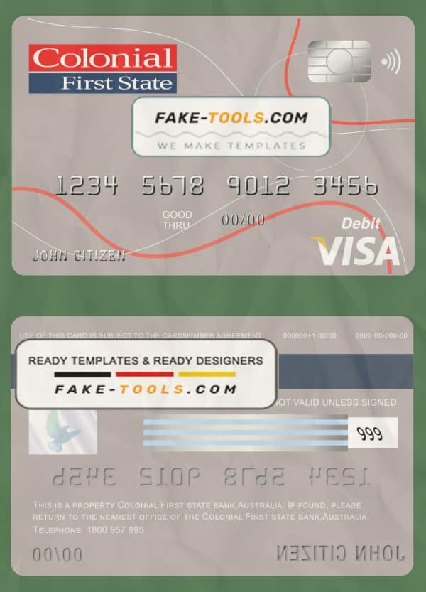 Australia Colonial First State Bank visa card debit template in PSD format, fully editable