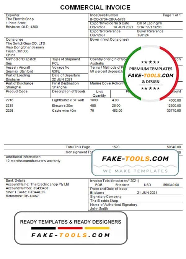 Australia Commercial Invoice company invoice template in Word and PDF format, fully editable