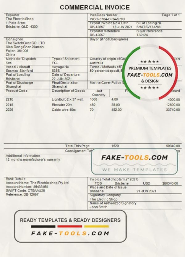 Australia Commercial Invoice company invoice template in Word and PDF format, fully editable
