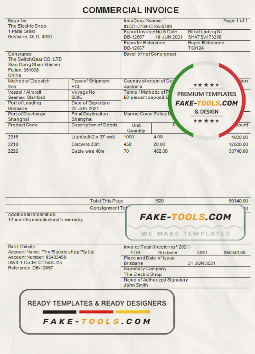 Australia Commercial Invoice company invoice template in Word and PDF format, fully editable scan effect