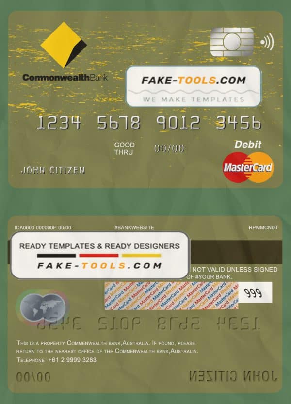 Australia Commonwealth Account Bank mastercard debit card template in PSD format, fully editable