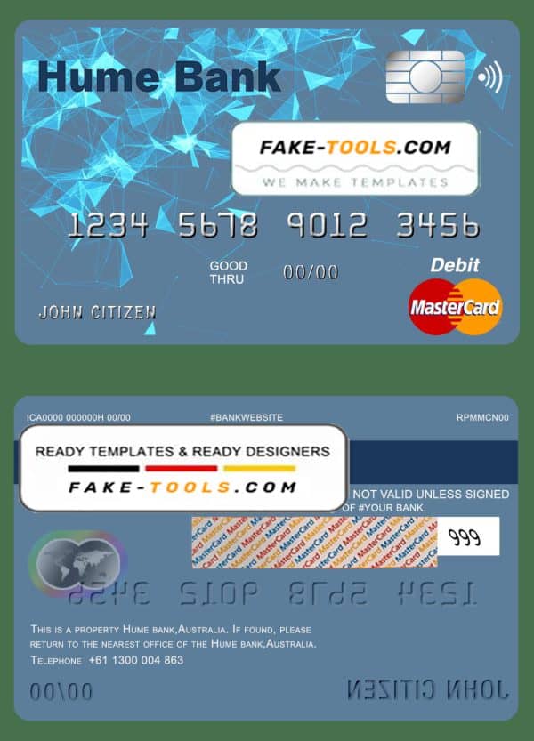 Australia Humebank bank mastercard debit card template in PSD format, fully editable