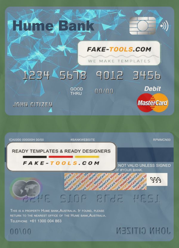Australia Humebank bank mastercard debit card template in PSD format, fully editable