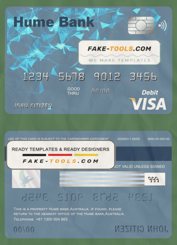 Australia Humebank bank visa card debit card template in PSD format, fully editable