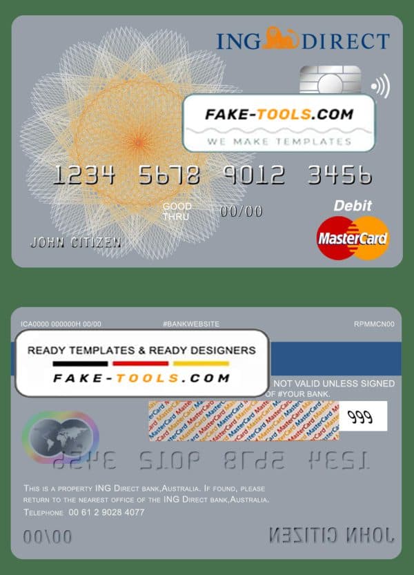 Australia ING Direct bank mastercard debit card template in PSD format, fully editable