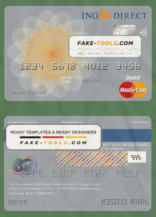 Australia ING Direct bank mastercard debit card template in PSD format, fully editable