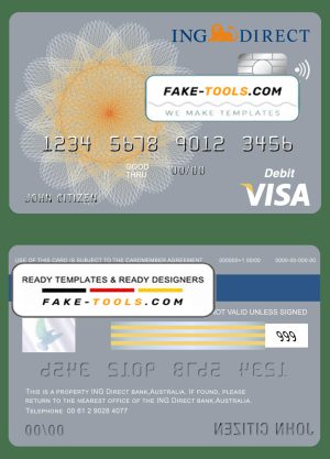 Australia ING Direct bank visa card debit card template in PSD format, fully editable