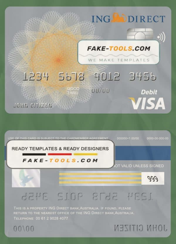 Australia ING Direct bank visa card debit card template in PSD format, fully editable
