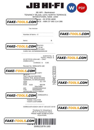 Australia JB Hi-Fi tax invoice Word and PDF template, fully editable