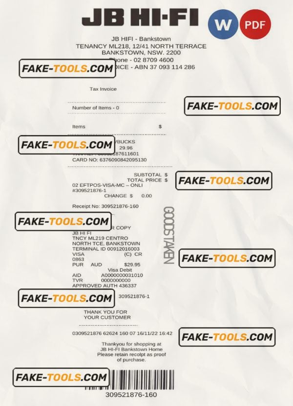 Australia JB Hi-Fi tax invoice Word and PDF template, fully editable