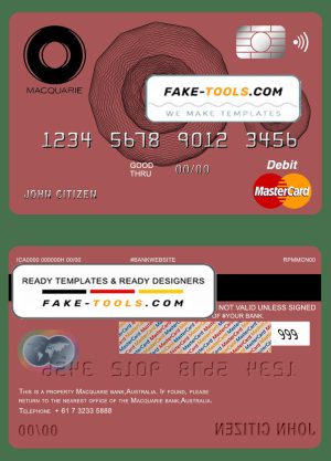 Australia Macquarie bank mastercard debit card template in PSD format, fully editable