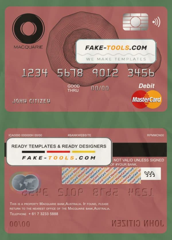 Australia Macquarie bank mastercard debit card template in PSD format, fully editable