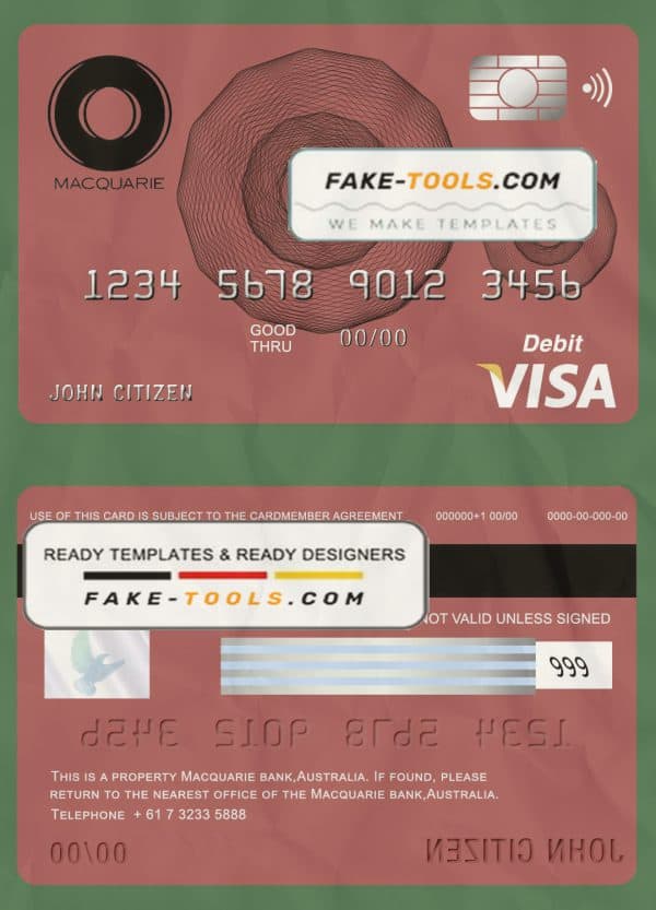 Australia Macquarie bank visa card debit card template in PSD format, fully editable