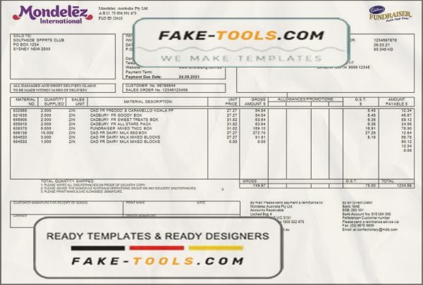 Australia Mondelez Holdings Pty Ltd invoice template in Word and PDF format, fully editable scan effect