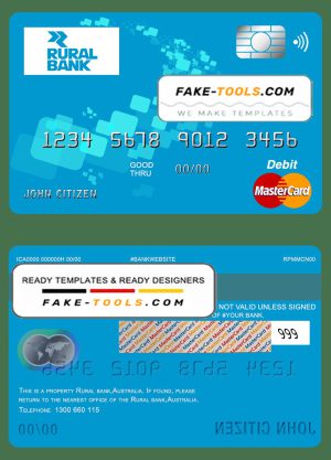 Australia Rural Bank mastercard debit card template in PSD format, fully editable