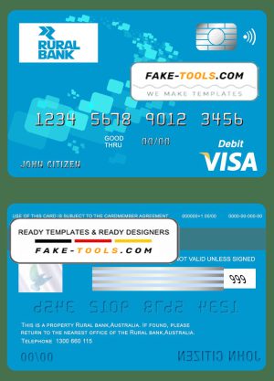 Australia Rural Bank visa card debit card template in PSD format, fully editable