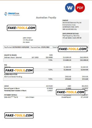 Australia Shield Geo consulting company pay stub Word and PDF template